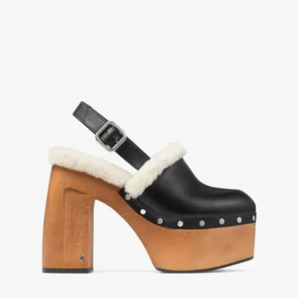 Alida Platform 135 Zwarte glanzende kalfsleren slingbacks met schapenvacht