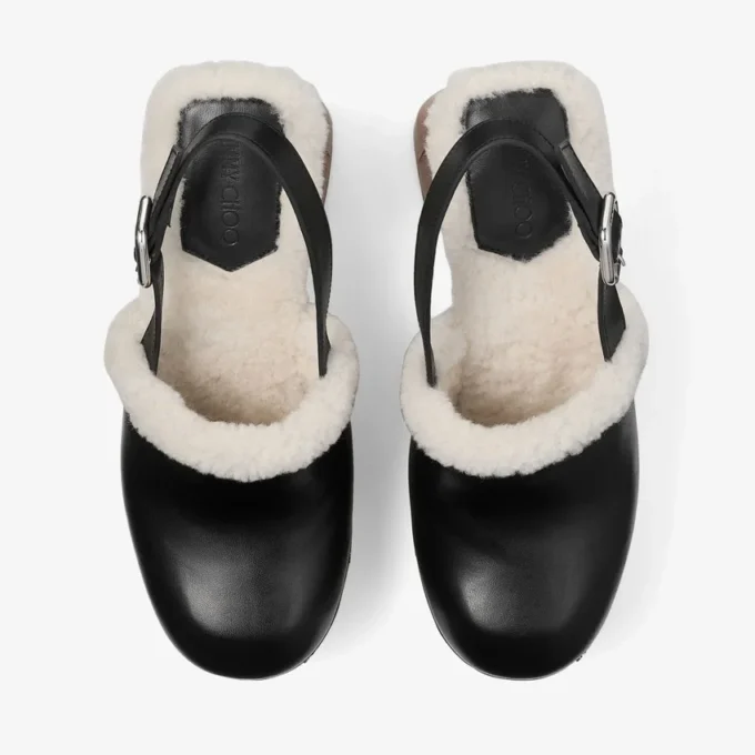 Alida Platform 135 Zwarte glanzende kalfsleren slingbacks met schapenvacht Alida Platform 135 Zwarte glanzende kalfsleren slingbacks met schapenvacht