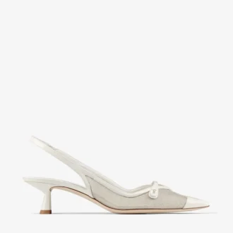 Amita 45 Latte en Champagne lakleder en metallic mesh slingback pumps