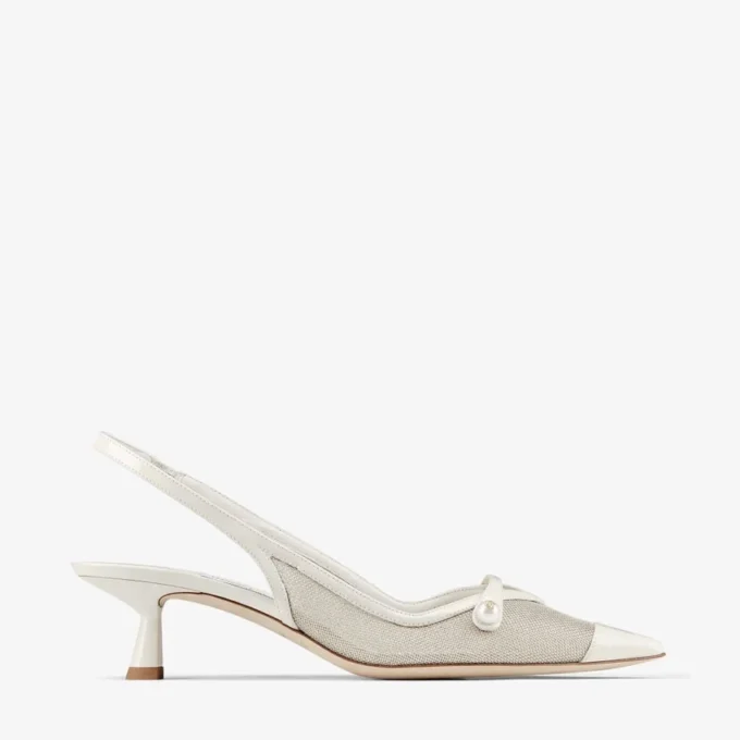 Amita 45 Latte en Champagne lakleder en metallic mesh slingback pumps Amita 45 Latte en Champagne lakleder en metallic mesh slingback pumps