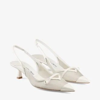 Amita 45 Latte en Champagne lakleder en metallic mesh slingback pumps