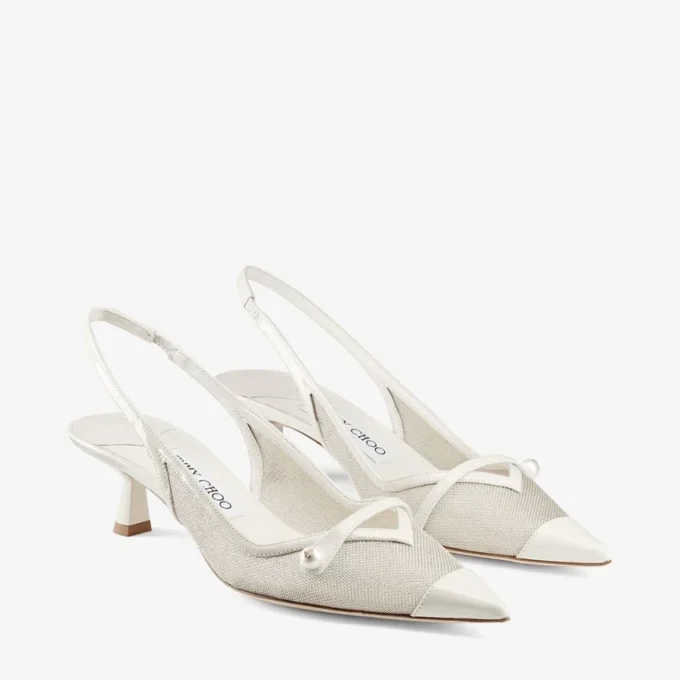 Amita 45 Latte en Champagne lakleder en metallic mesh slingback pumps Amita 45 Latte en Champagne lakleder en metallic mesh slingback pumps
