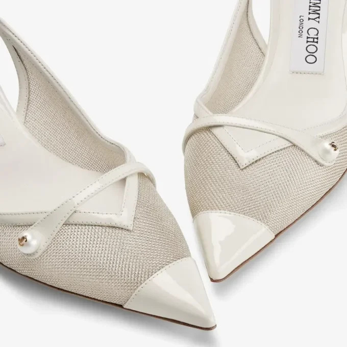 Amita 45 Latte en Champagne lakleder en metallic mesh slingback pumps Amita 45 Latte en Champagne lakleder en metallic mesh slingback pumps