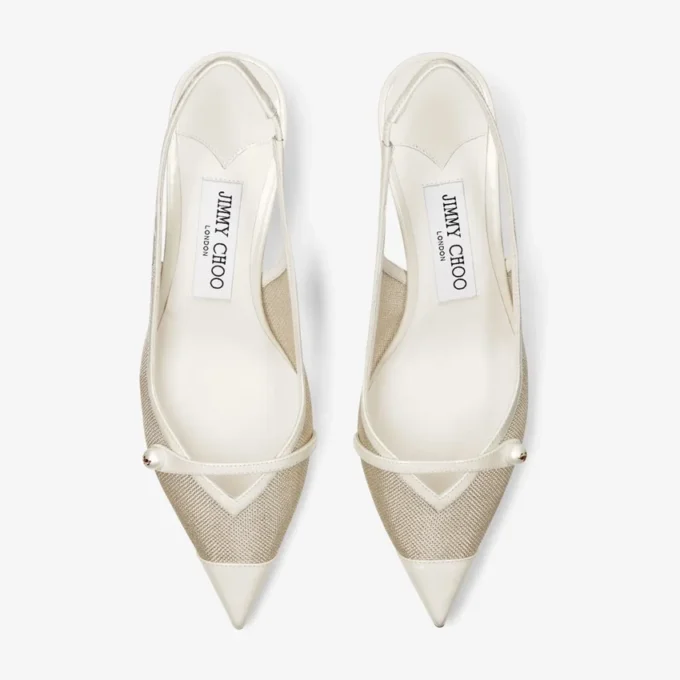 Amita 45 Latte en Champagne lakleder en metallic mesh slingback pumps Amita 45 Latte en Champagne lakleder en metallic mesh slingback pumps