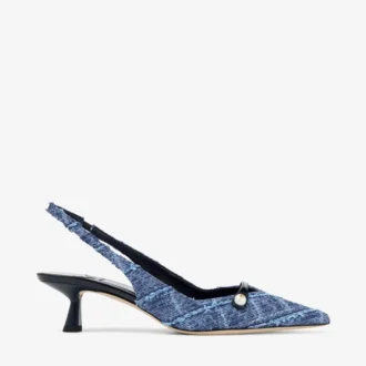 Amita 45 marineblauwe slingbacks van denim met kruispatroon en lakleer