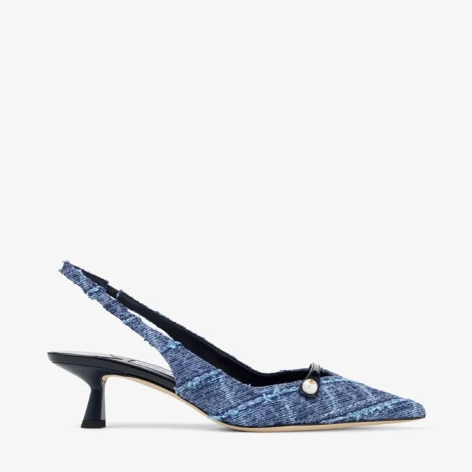 Amita 45 marineblauwe slingbacks van denim met kruispatroon en lakleer Amita 45 marineblauwe slingbacks van denim met kruispatroon en lakleer