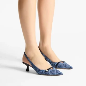 Amita 45 marineblauwe slingbacks van denim met kruispatroon en lakleer