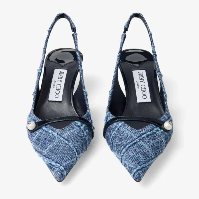 Amita 45 marineblauwe slingbacks van denim met kruispatroon en lakleer Amita 45 marineblauwe slingbacks van denim met kruispatroon en lakleer