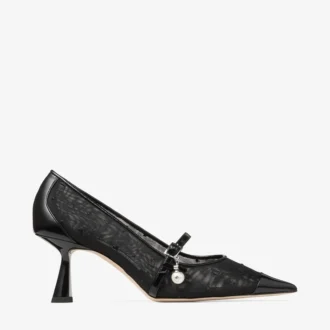Aren Pump 65 Zwarte Spazzolato en hartvormige mesh pumps met parelbedeltje