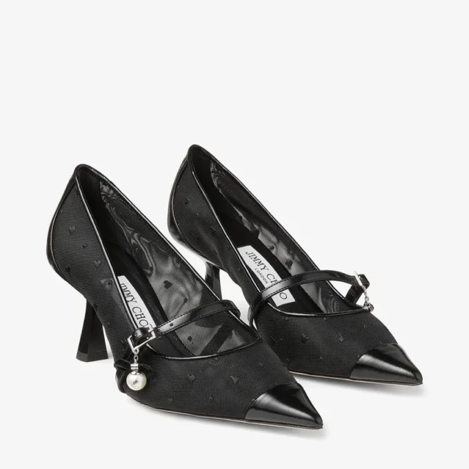 Aren Pump 65 Zwarte Spazzolato en hartvormige mesh pumps met parelbedeltje Aren Pump 65 Zwarte Spazzolato en hartvormige mesh pumps met parelbedeltje