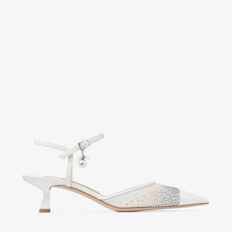Aren Slingback 45 Witte slingbacks van mesh met kristallen en parelbedeltje