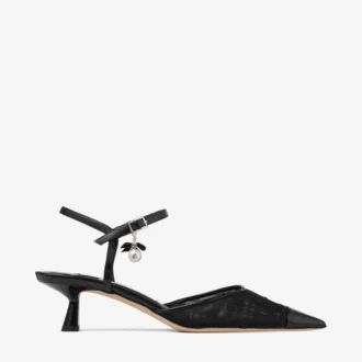 Aren Slingback 45 Zwarte spazzolato en hartvormige mesh slingbacks met parelbedeltje