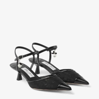 Aren Slingback 45 Zwarte spazzolato en hartvormige mesh slingbacks met parelbedeltje