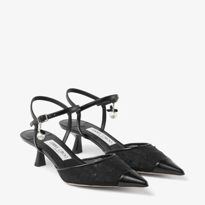 Aren Slingback 45 Zwarte spazzolato en hartvormige mesh slingbacks met parelbedeltje Aren Slingback 45 Zwarte spazzolato en hartvormige mesh slingbacks met parelbedeltje