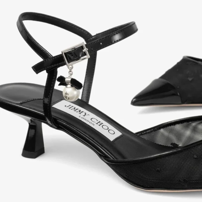Aren Slingback 45 Zwarte spazzolato en hartvormige mesh slingbacks met parelbedeltje Aren Slingback 45 Zwarte spazzolato en hartvormige mesh slingbacks met parelbedeltje