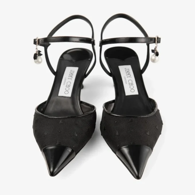 Aren Slingback 45 Zwarte spazzolato en hartvormige mesh slingbacks met parelbedeltje Aren Slingback 45 Zwarte spazzolato en hartvormige mesh slingbacks met parelbedeltje