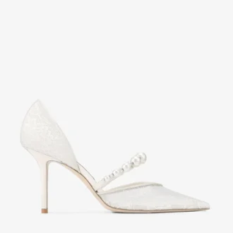 Aurelie 85 ivoorkleurige jimmy choo-pumps van kant met parelversiering