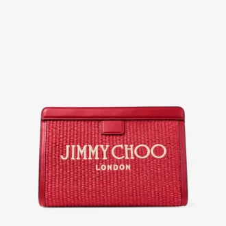 Avenue London Pouch Ruby Red en Light Gold geborduurde raffia en leren tasje