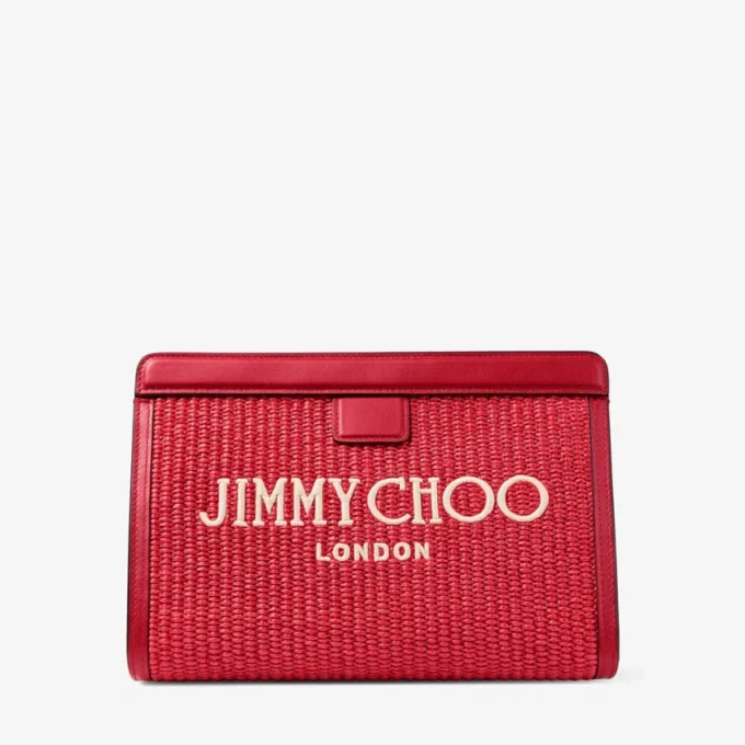 Avenue London Pouch Ruby Red en Light Gold geborduurde raffia en leren tasje