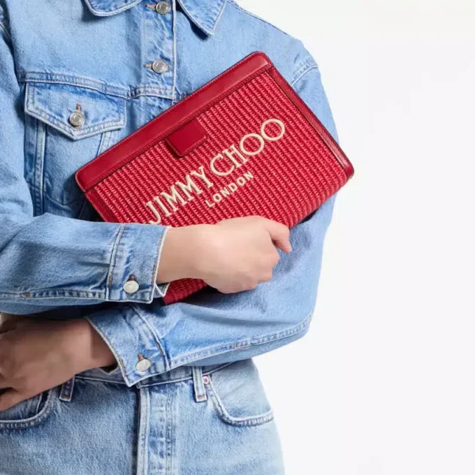 Avenue London Pouch Ruby Red en Light Gold geborduurde raffia en leren tasje