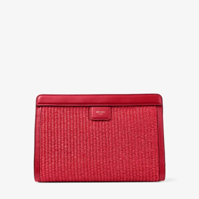 Avenue London Pouch Ruby Red en Light Gold geborduurde raffia en leren tasje