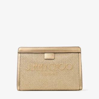 Avenue-tasje Goud en donker cappuccino metallic geborduurd raffia-tasje