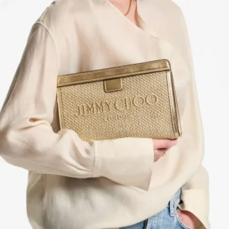 Avenue-tasje Goud en donker cappuccino metallic geborduurd raffia-tasje