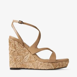 Ayla 110 Cappuccino Nappaleer en met bloemen geweven raffia sleehakken