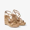 Ayla 110 Cappuccino Nappaleer en met bloemen geweven raffia sleehakken