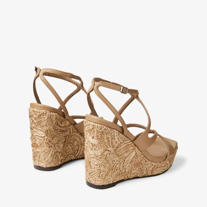 Ayla 110 Cappuccino Nappaleer en met bloemen geweven raffia sleehakken