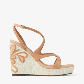 Ayla 110 Toffee en naturel mix suède en nappaleer sleehakken met fijne raffia