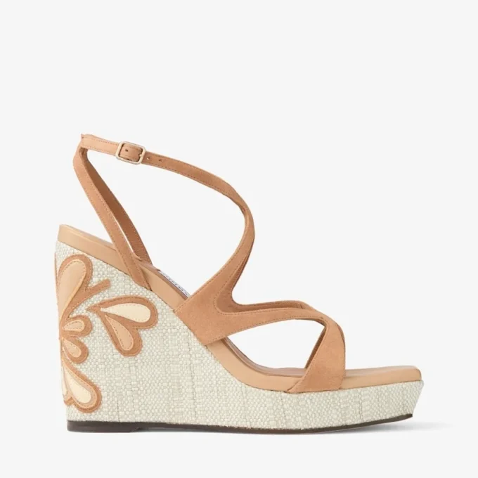 Ayla 110 Toffee en naturel mix suède en nappaleer sleehakken met fijne raffia