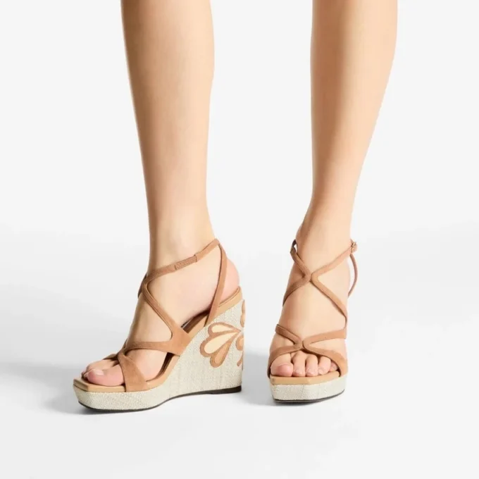 Ayla 110 Toffee en naturel mix suède en nappaleer sleehakken met fijne raffia