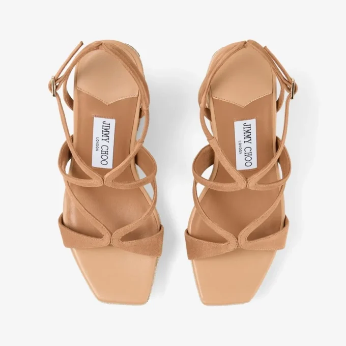 Ayla 110 Toffee en naturel mix suède en nappaleer sleehakken met fijne raffia
