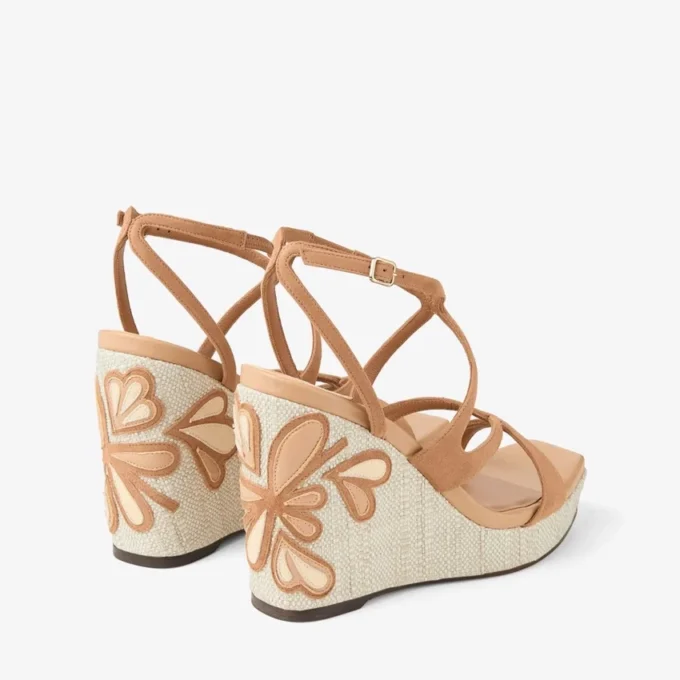 Ayla 110 Toffee en naturel mix suède en nappaleer sleehakken met fijne raffia