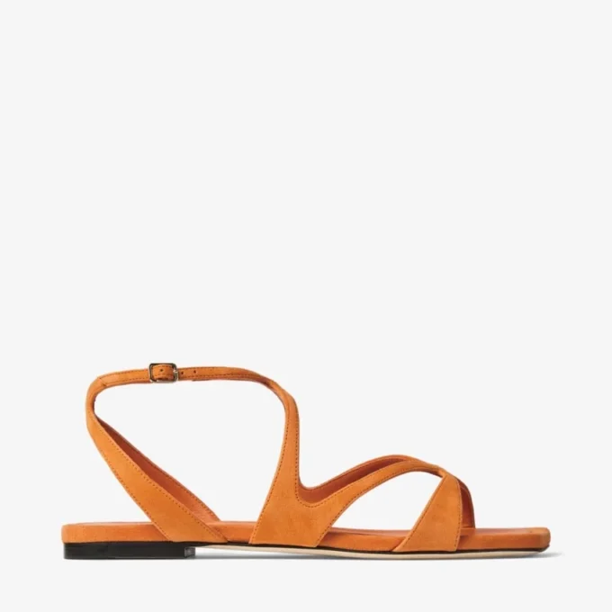 Ayla platte sandalen van suède in zonsondergangoranje