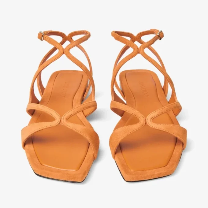 Ayla platte sandalen van suède in zonsondergangoranje