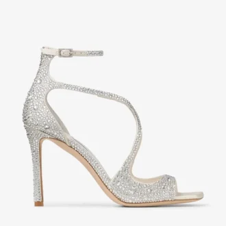 Azia 95 ivoorkleurige satijnen pumps met kristallen versiering