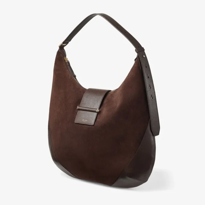 Bar Hobo M schoudertas van chocoladebruin suède met leren afwerking Bar Hobo M schoudertas van chocoladebruin suède met leren afwerking