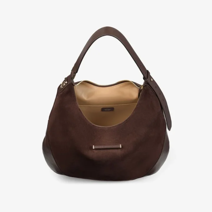 Bar Hobo M schoudertas van chocoladebruin suède met leren afwerking Bar Hobo M schoudertas van chocoladebruin suède met leren afwerking