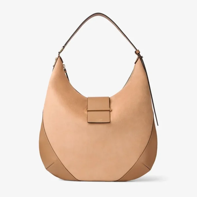 Bar Hobo M Toffee suède schoudertas met leren Biker-afwerking Bar Hobo M Toffee suède schoudertas met leren Biker-afwerking