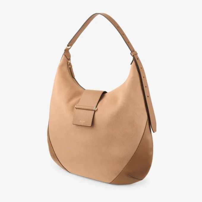 Bar Hobo M Toffee suède schoudertas met leren Biker-afwerking Bar Hobo M Toffee suède schoudertas met leren Biker-afwerking