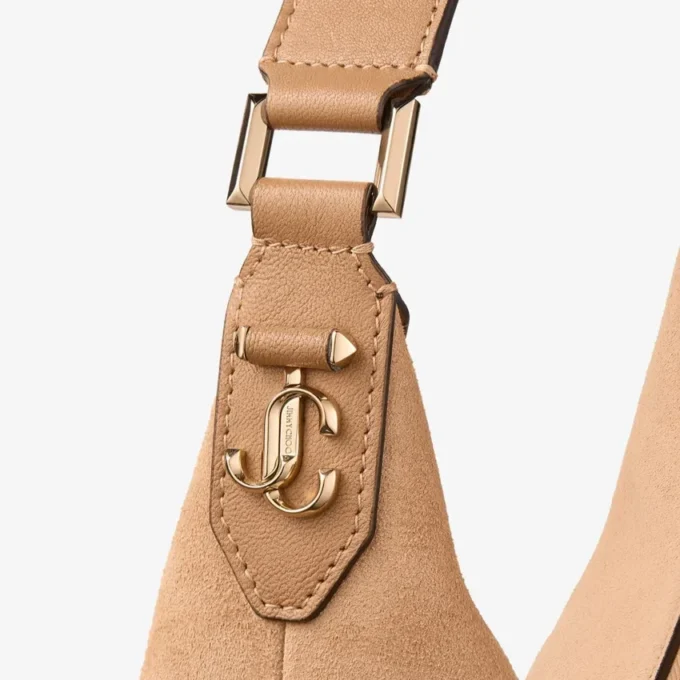 Bar Hobo M Toffee suède schoudertas met leren Biker-afwerking Bar Hobo M Toffee suède schoudertas met leren Biker-afwerking
