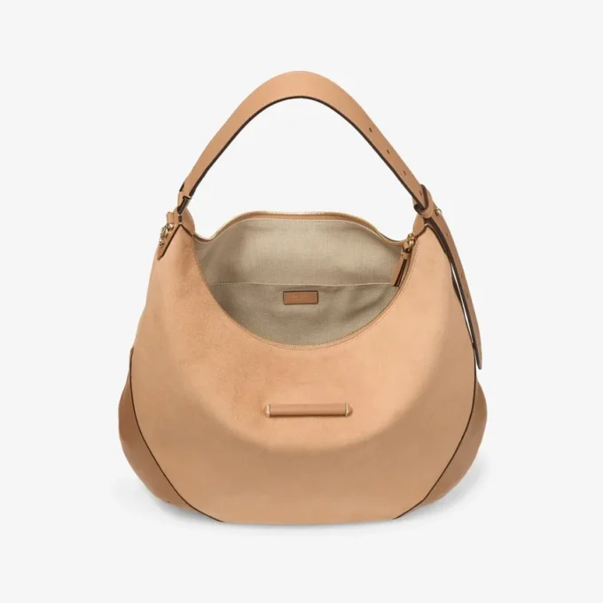 Bar Hobo M Toffee suède schoudertas met leren Biker-afwerking Bar Hobo M Toffee suède schoudertas met leren Biker-afwerking