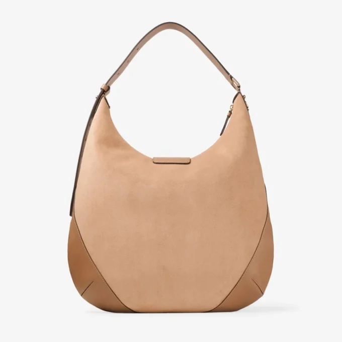 Bar Hobo M Toffee suède schoudertas met leren Biker-afwerking Bar Hobo M Toffee suède schoudertas met leren Biker-afwerking