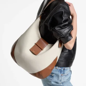 Bar Hobo Medium schoudertas van natuurlijk en bruin gerecycled canvas met leren Biker-afwerking