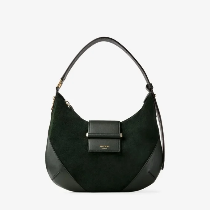 Bar Hobo Small Britsgroene suède schoudertas met leren Biker-afwerking Bar Hobo Small Britsgroene suède schoudertas met leren Biker-afwerking