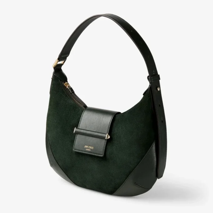 Bar Hobo Small Britsgroene suède schoudertas met leren Biker-afwerking Bar Hobo Small Britsgroene suède schoudertas met leren Biker-afwerking