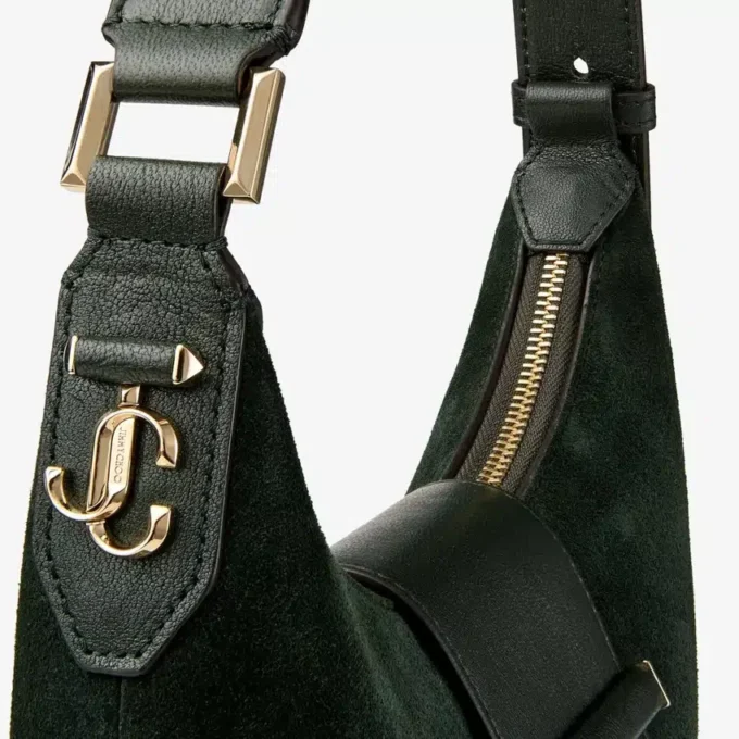 Bar Hobo Small Britsgroene suède schoudertas met leren Biker-afwerking Bar Hobo Small Britsgroene suède schoudertas met leren Biker-afwerking