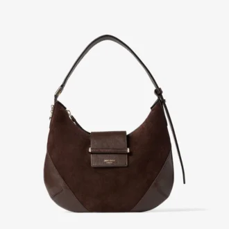 Bar Hobo Small Chocoladebruine suède schoudertas met leren Biker-afwerking